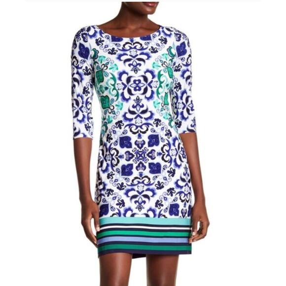 Vince Camuto Dress Womens 4 Blue Green Medallion Ikat Shift 3/4 Sleeve Mini - Picture 1 of 9